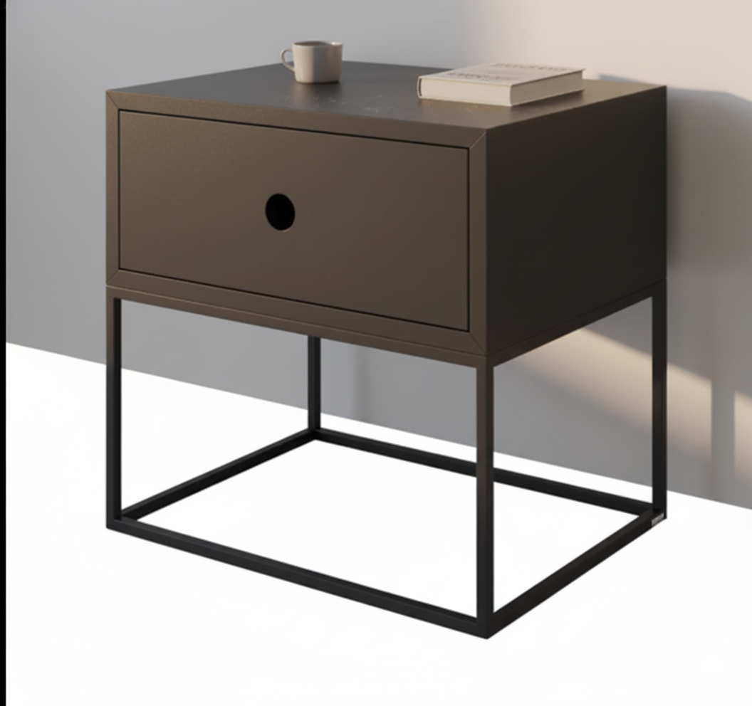 ধাতব পা সহ লেমিনেটেড বোর্ডে বিছানার পাশের টেবিল