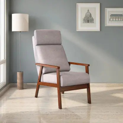 Lounge Chair For Living Room ,Comfortable Seating ,Durable Design Wood Arm , Upholstery Polyester and Teak Wood Legs With wooden Polish -Grey