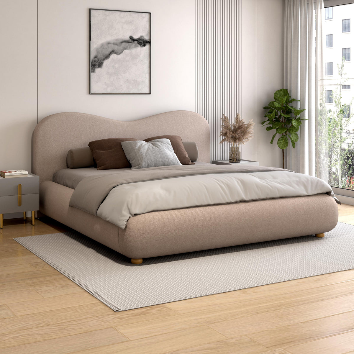 Luxury King Size Wooden Bed Fully Curved Upholstered Modern Design Made in Solid wood with Premium  Fabric for Elegance, Comfort & Durability