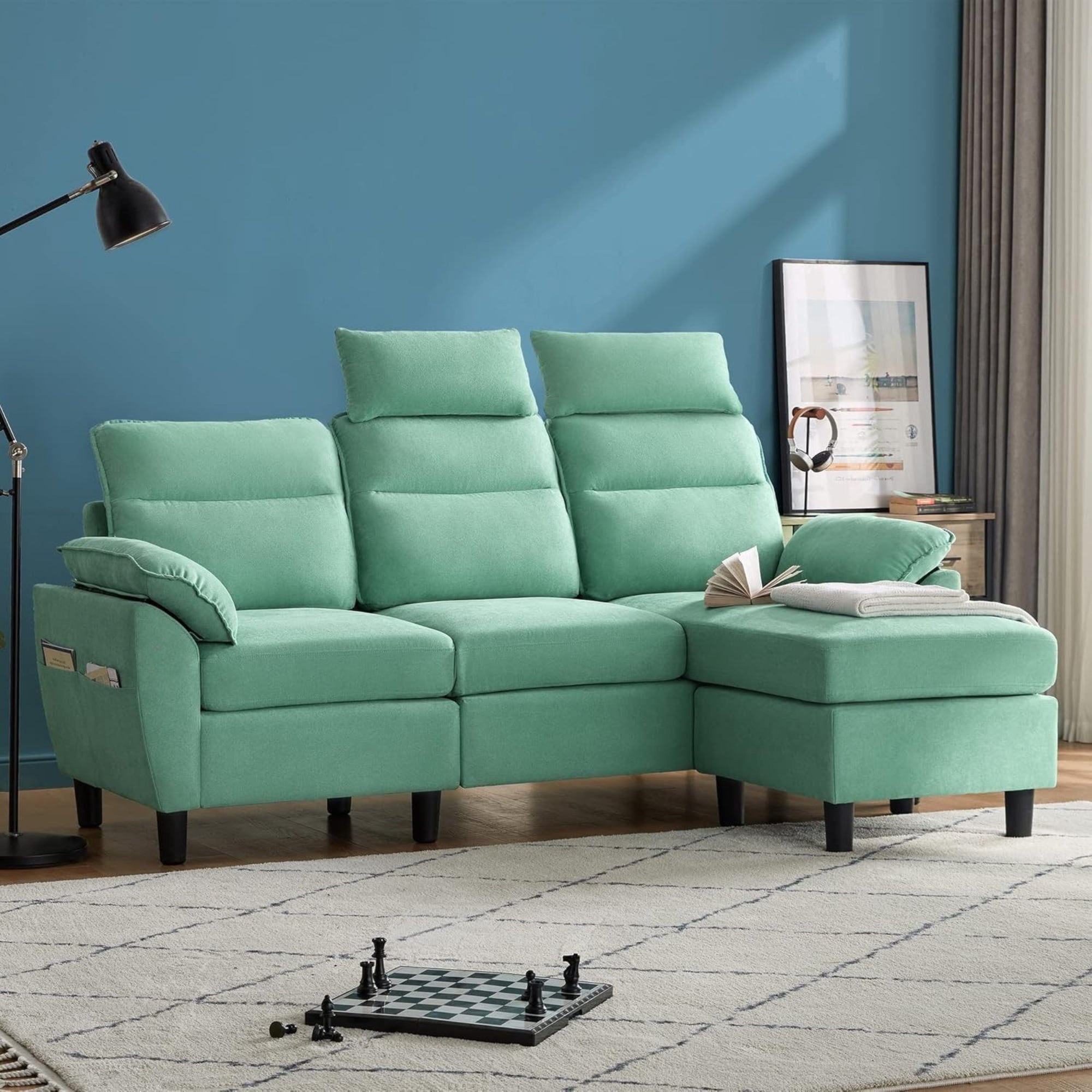 L-Shaped 3-Seat Couch Convertible Sofa Upholstery Fabric for Living Room Modern Design Durable and Comfortable Seating and Support Padded -Blue