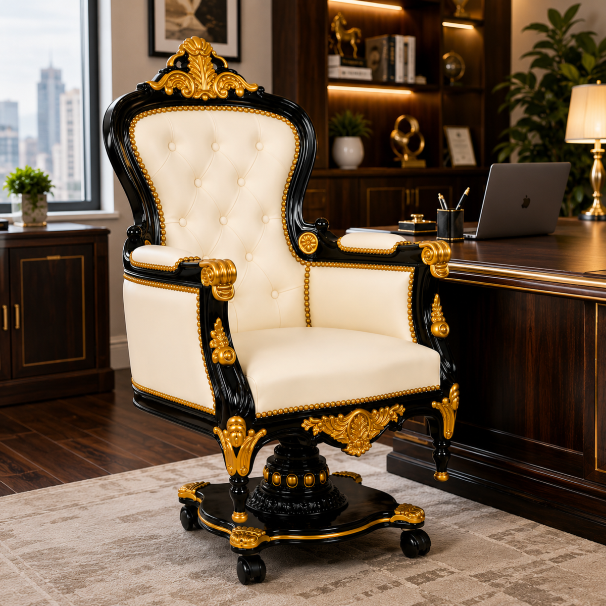 Luxury Royal Executive Office Chair with Tufted Upholstery, Hand-Carved Wooden Frame, High Back Swivel Chair for CEO Cabin & Home Office
