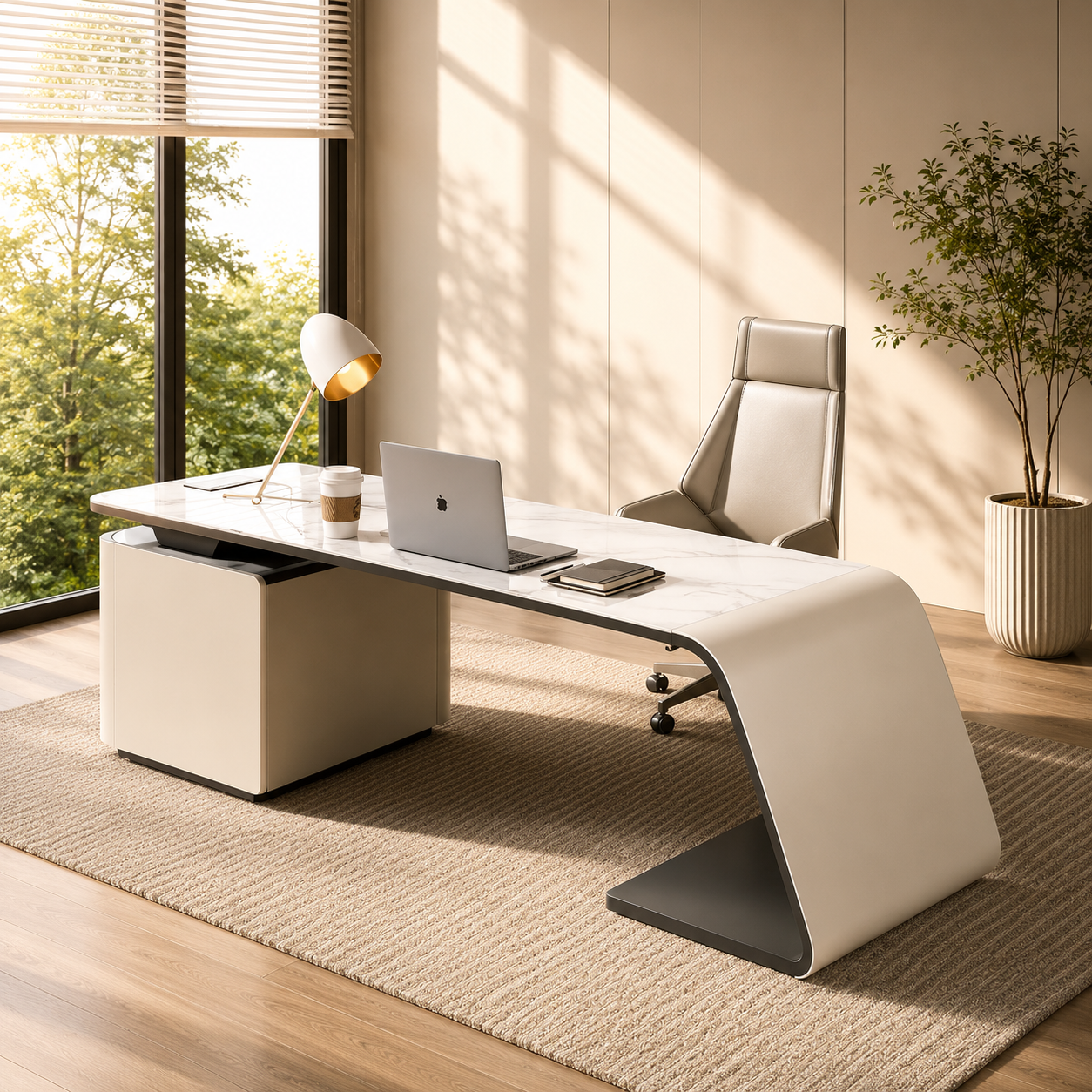 Luxury Executive Director Table - Marble Finish L-Shaped Boss Desk with PU Leather Inlay & Integrated Side Storage