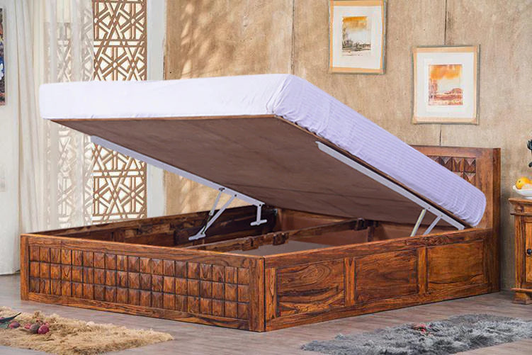 King Size Wooden Bed Smart Space-Saving Design with Hydraulic Storage High-Quality Solid Wood Frame, Premium Teak Veneer & Melamine Polish Finish
