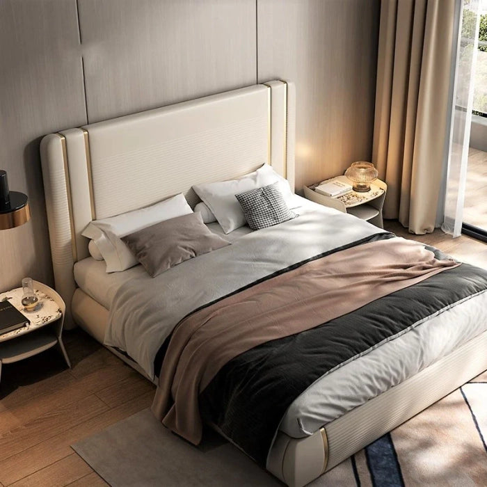 Luxury Off-White King Size Bed – 54″ High Headboard & Plywood Frame, Velvet