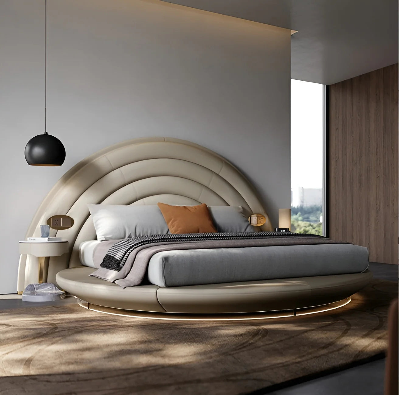 Luxury Round Platform Bed in Premium Sandstone Leather with Multi-Tiered Arched Rainbow Headboard, and Designer Stitching