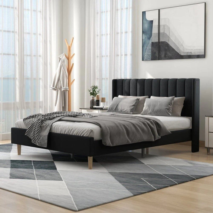 Modern Upholstered Bed – Headboard, Comfort, Solid Teakwood & Plywood Frame, Designer Legs