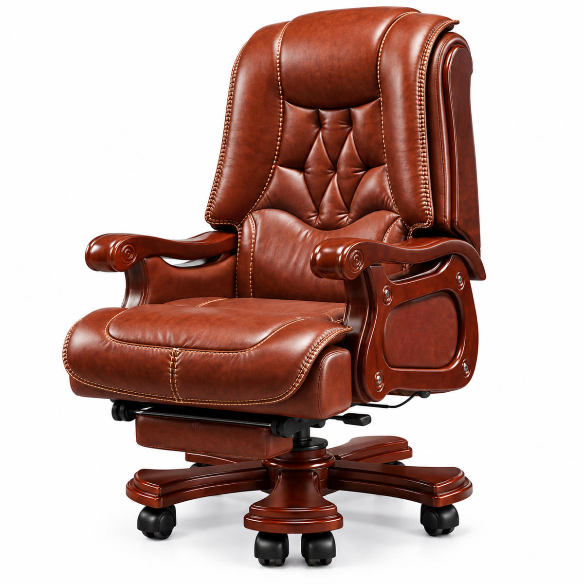 High Back Luxury Office Director Chair Made in Plyboard with Leatherette and High Density Foam & Recliner Feature and Double Wheel with wooden Polish