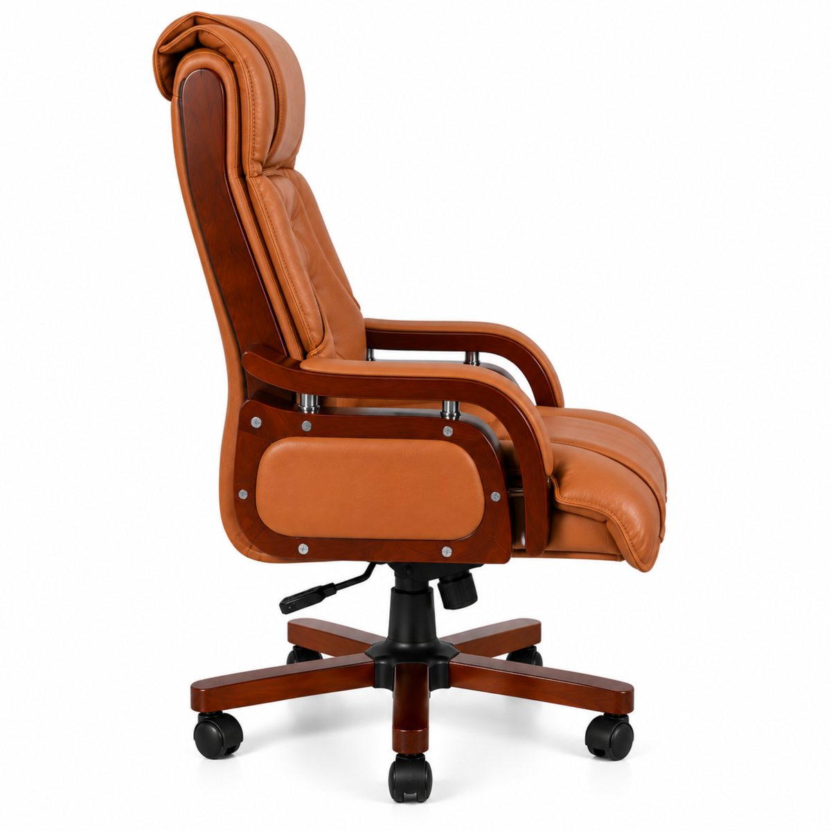 High Back Executive Chair for Office | Leatherette Upholstery with Wooden Base & Handle | Revolving Director Chair with Cushioned Seat & Headrest | Boss Chair Brown