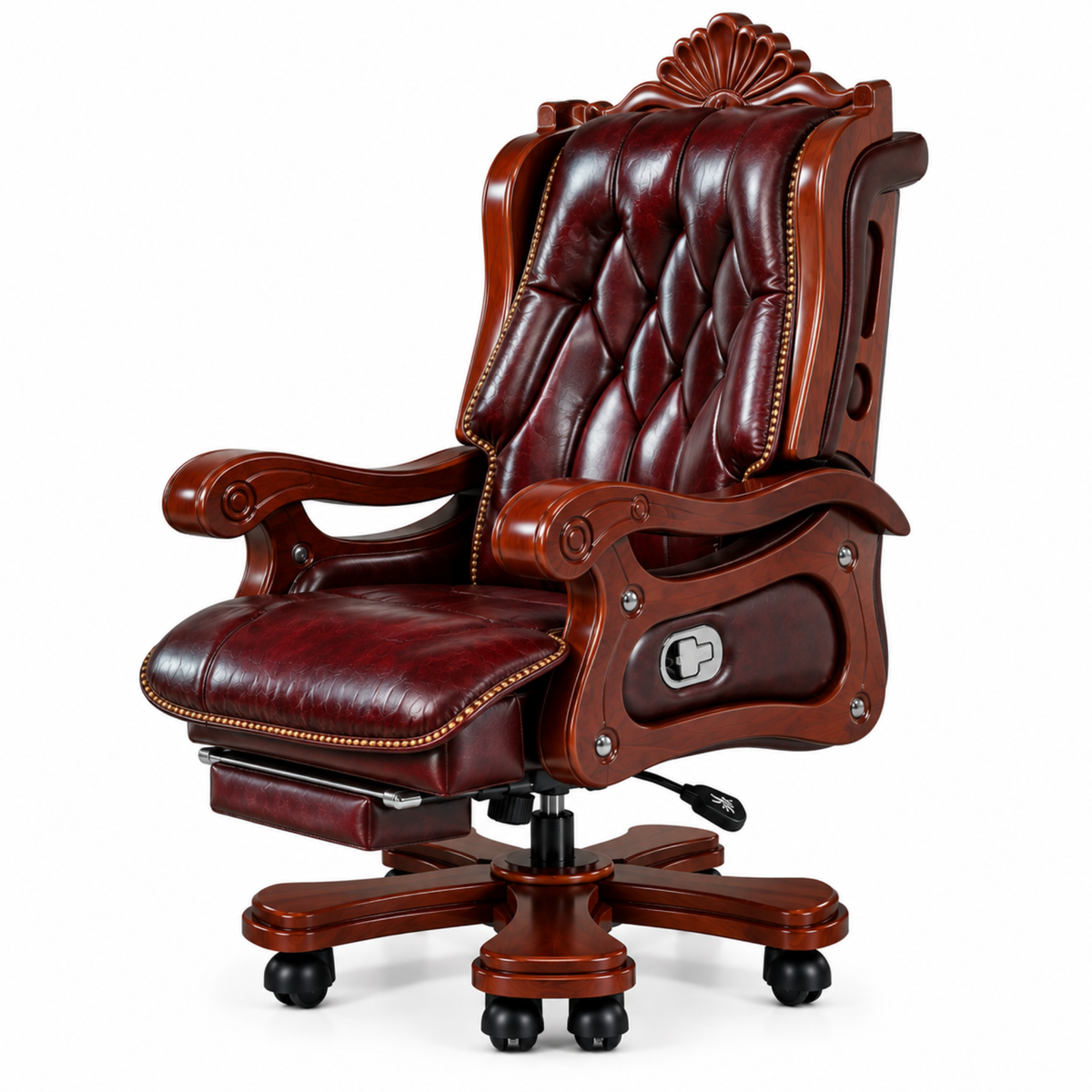 Luxury Office Director Chair Made in Teak wood with Leatherette and Soft Padded - Armrest and Swivel Base and Polish, 150° Reclining Office Seat -Brown