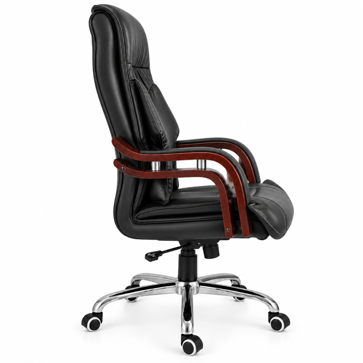Luxury Boss Chair with High Back Leatherette Design and Stylish Chrome Base and Wooden Handle