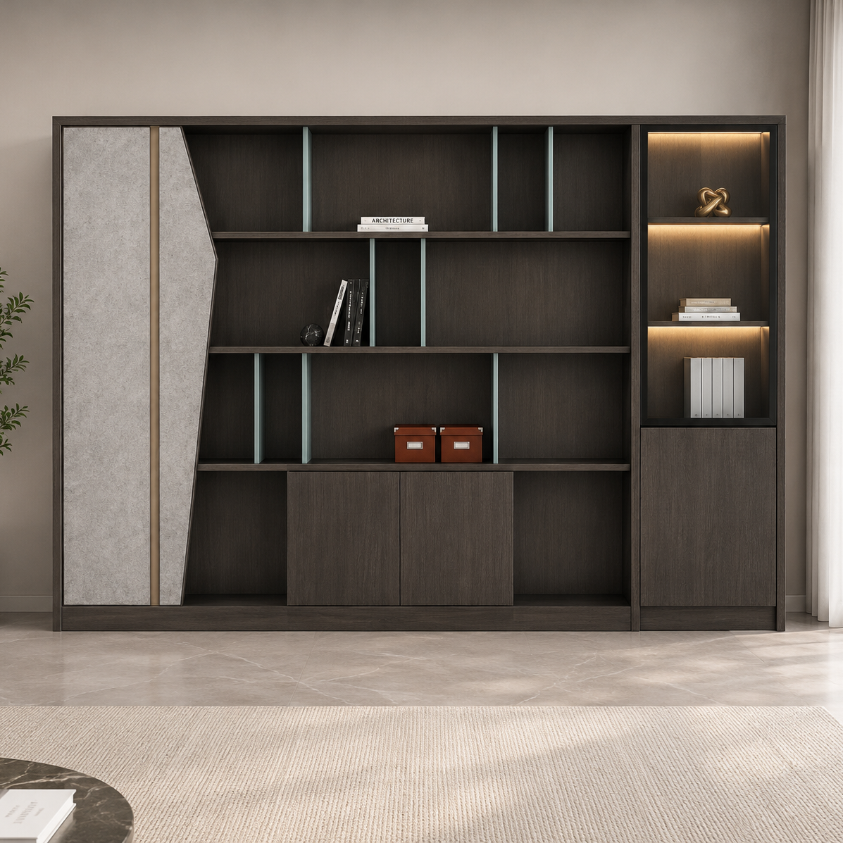 Contemporary storage cabinet featuring open shelves, closed storage units, and elegant display sections for organized office essentials, décor, books, and accessories.