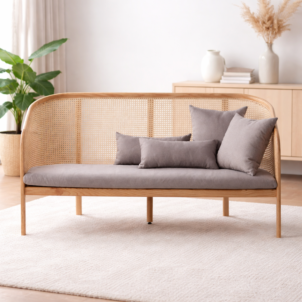 Solid Wood & Natural Cane 2-Seater Sofa with Cushions – Modern Scandinavian Style for Living Room