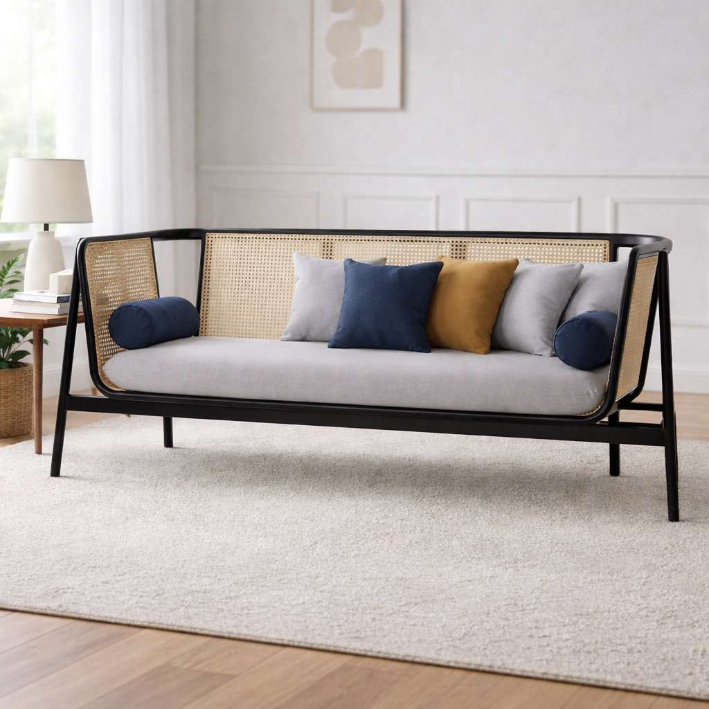 Premium Wooden 3 Seater Sofa with Handwoven Cane Back & Fabric Cushions – Contemporary Black Frame Couch
