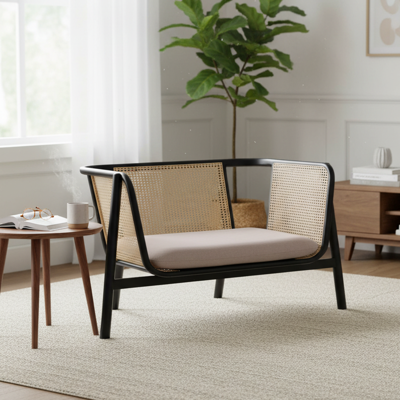 Modern living room with a wicker chair, side table, and decorative items.