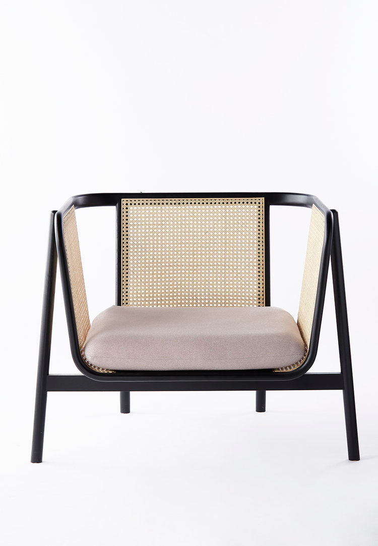 Black Wooden Armchair with Handwoven Cane Back & Sides – Contemporary Lounge Chair with Cushioned Seat