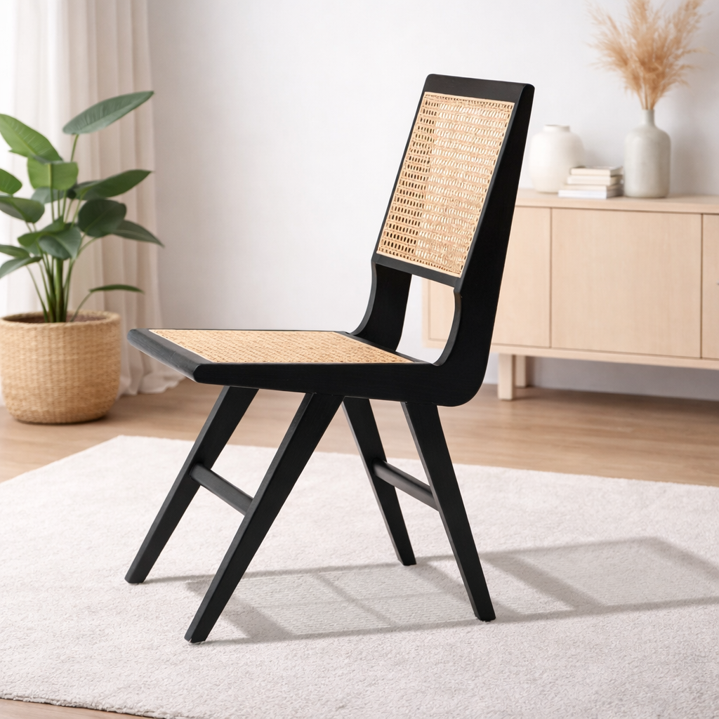 Black Wooden Chair with Rattan Cane Backrest & Seat – Mid-Century Modern Dining Chair for Living Room