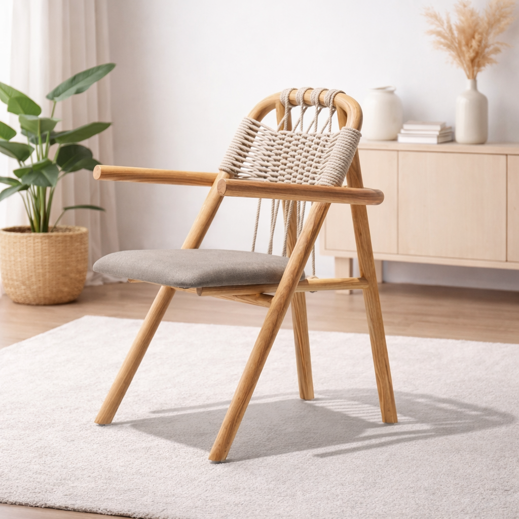 Natural Linen Accent Chair with Solid Wood Frame & Woven Back Design