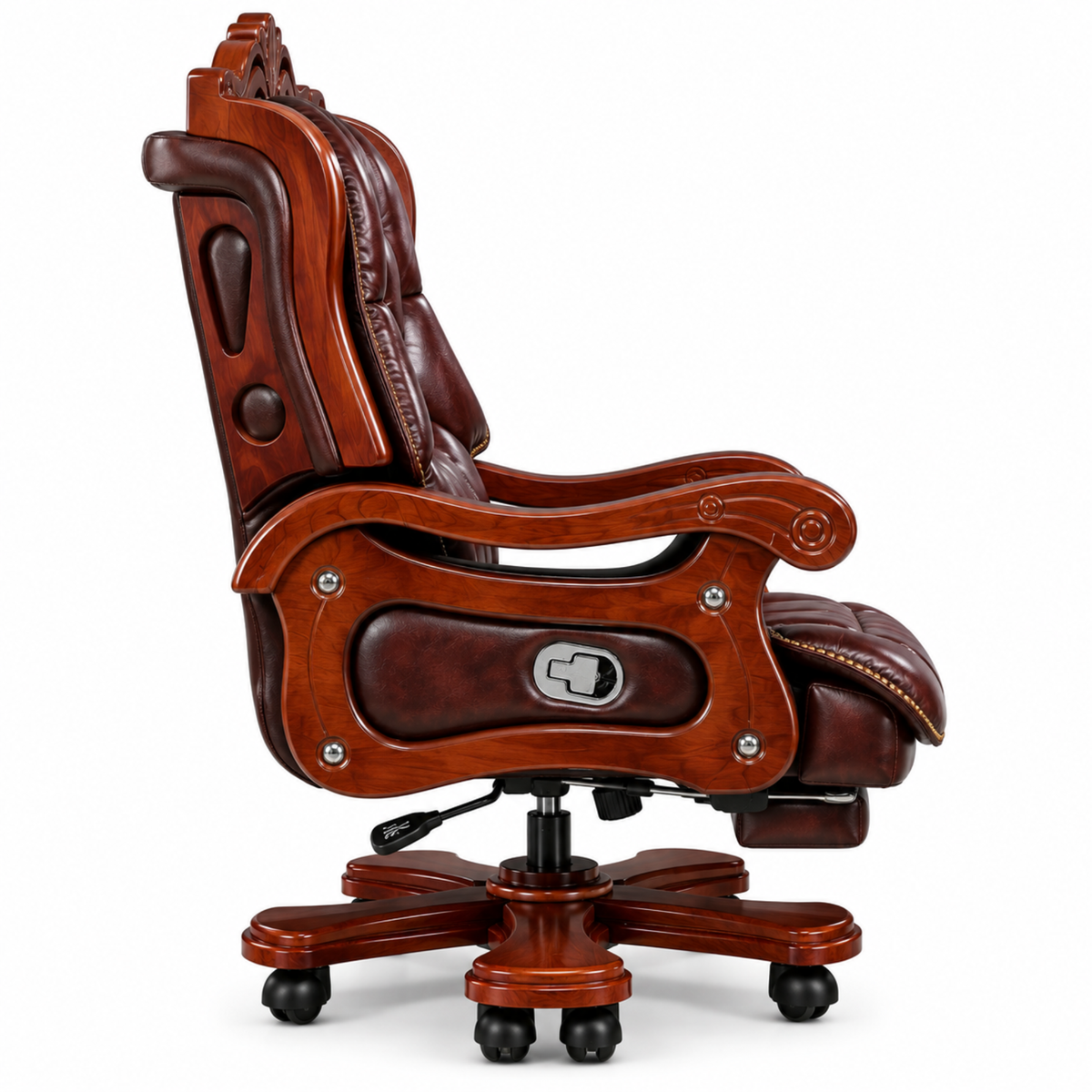 Luxury Office Director Chair Made in Teak wood with Leatherette and Soft Padded - Armrest and Swivel Base and Polish, 150° Reclining Office Seat -Brown