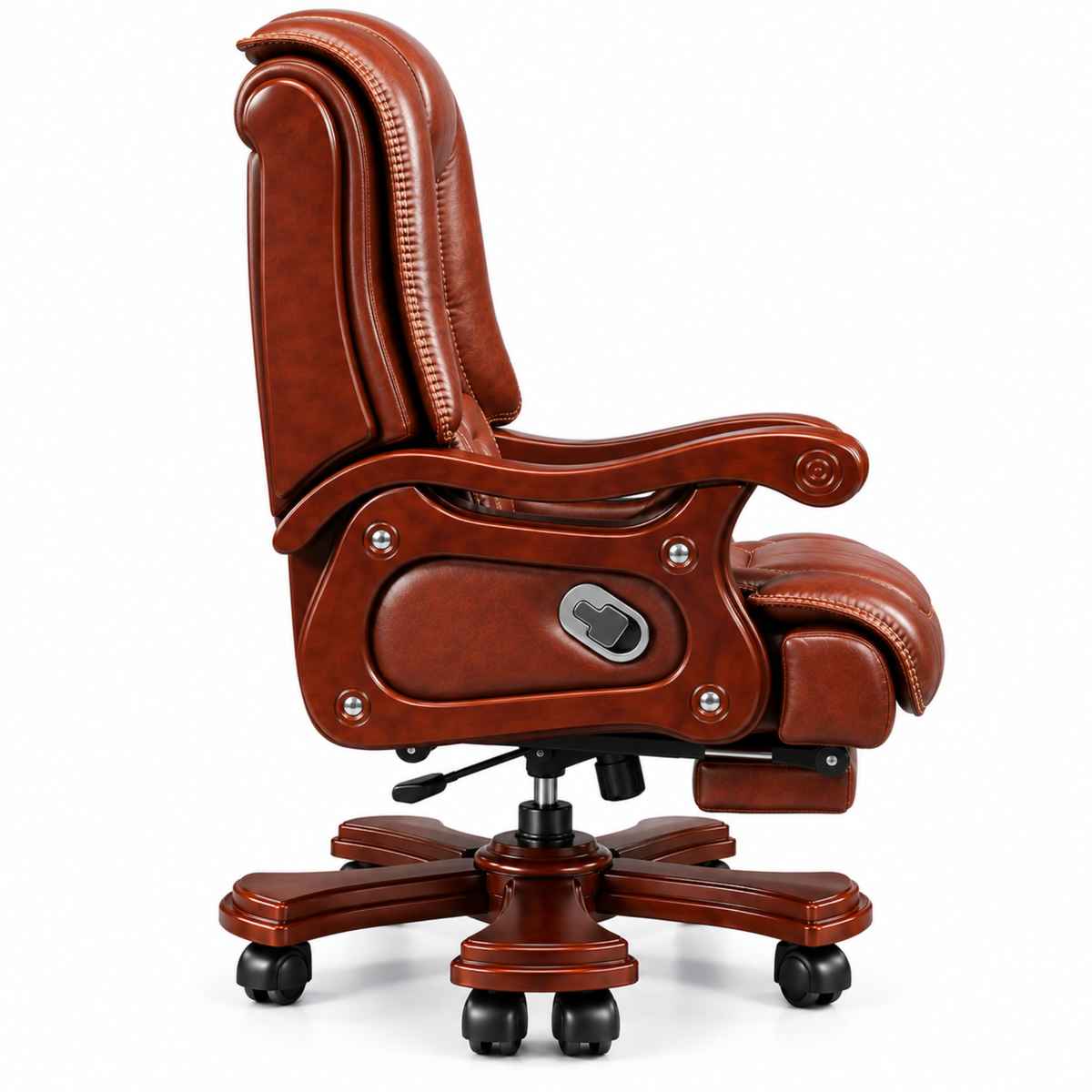 High Back Luxury Office Director Chair Made in Plyboard with Leatherette and High Density Foam & Recliner Feature and Double Wheel with wooden Polish