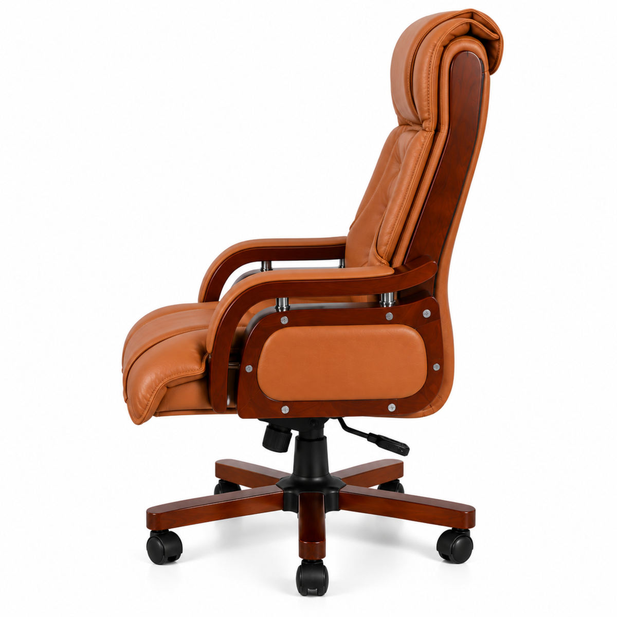 High Back Executive Chair for Office | Leatherette Upholstery with Wooden Base & Handle | Revolving Director Chair with Cushioned Seat & Headrest | Boss Chair Brown