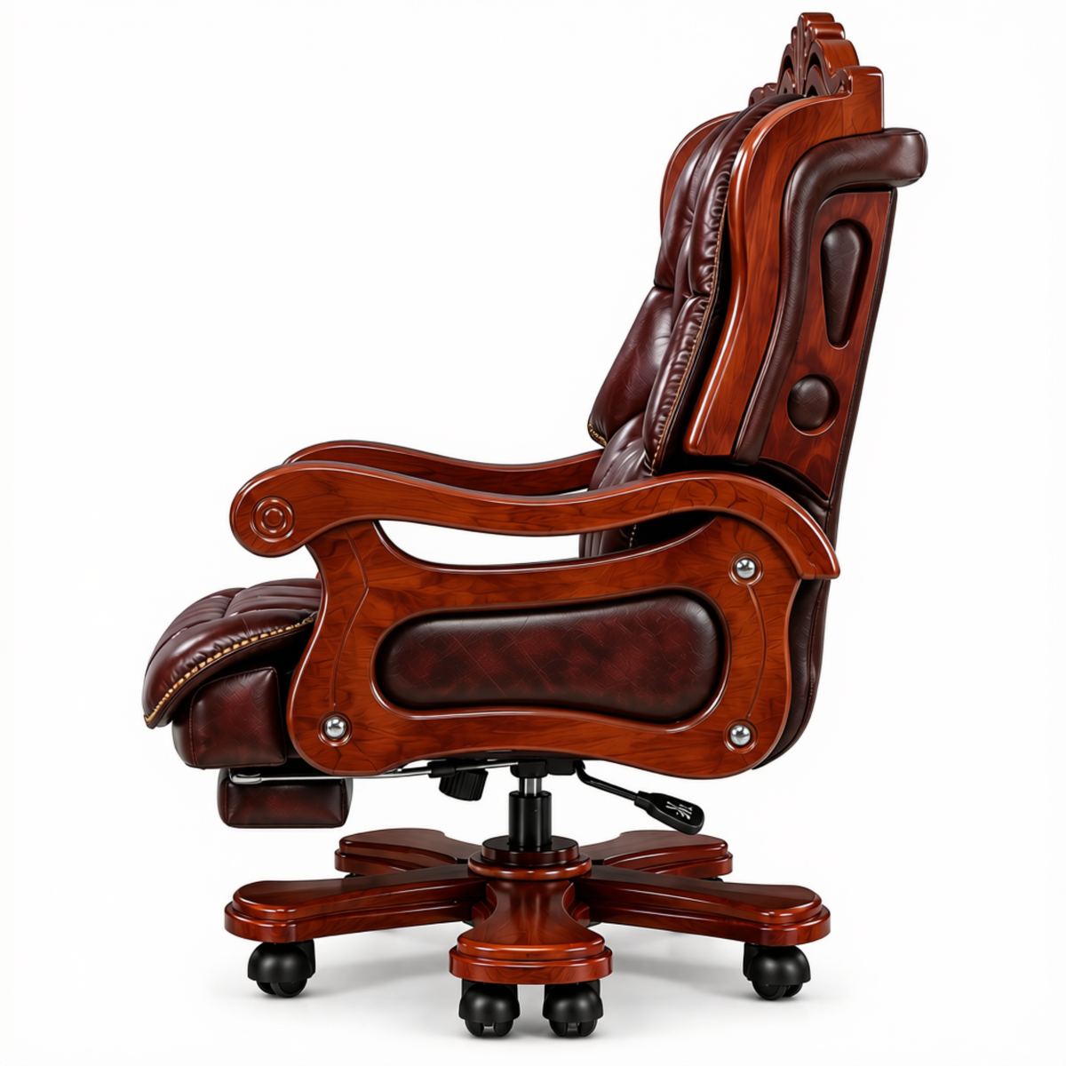 Luxury Office Director Chair Made in Teak wood with Leatherette and Soft Padded - Armrest and Swivel Base and Polish, 150° Reclining Office Seat -Brown