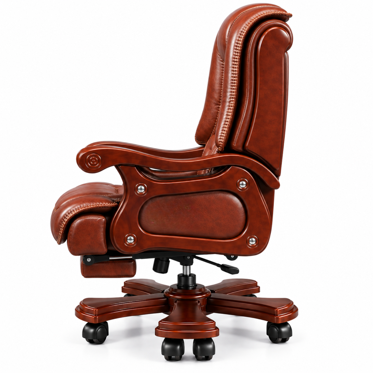 High Back Luxury Office Director Chair Made in Plyboard with Leatherette and High Density Foam & Recliner Feature and Double Wheel with wooden Polish