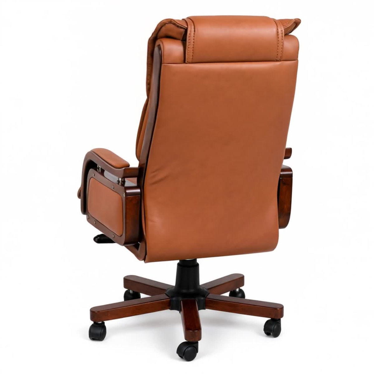 High Back Executive Chair for Office | Leatherette Upholstery with Wooden Base & Handle | Revolving Director Chair with Cushioned Seat & Headrest | Boss Chair Brown