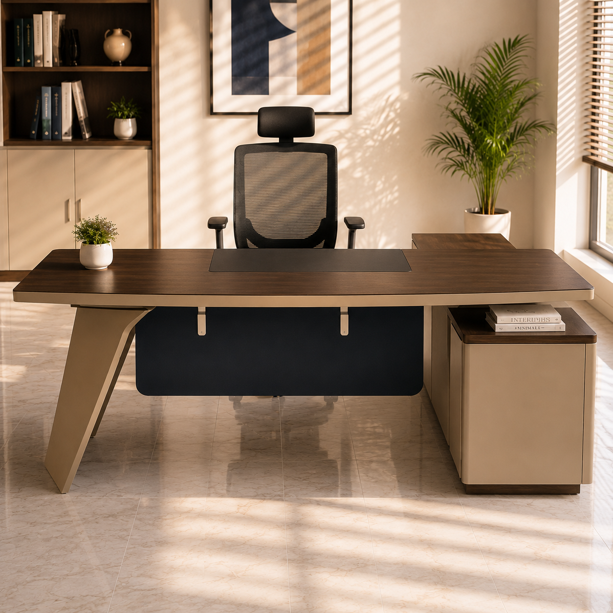 Director and Executive L Shape Office Table with Side Unite and Multi Drawers & Metal Legs Base