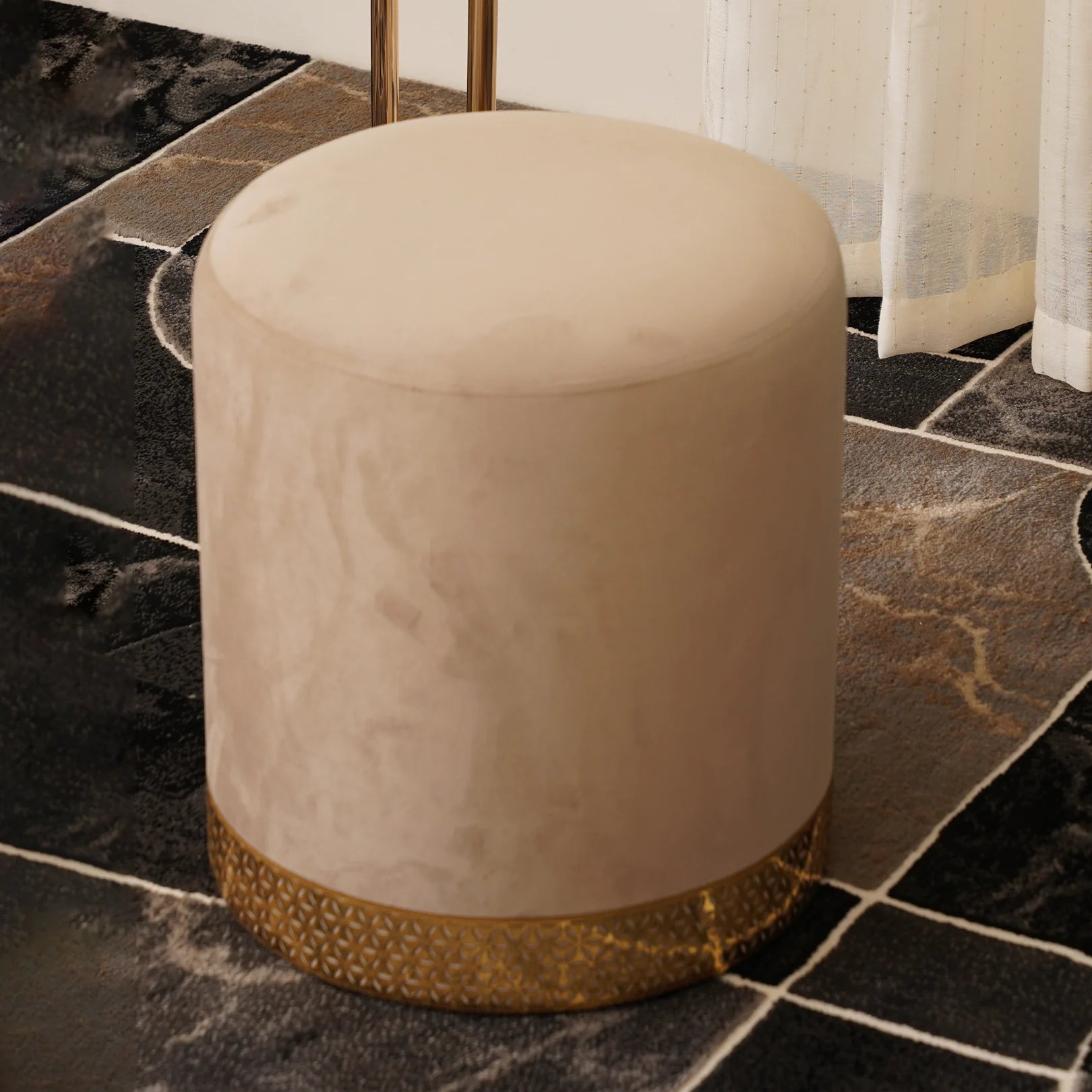 Ottoman in Velvet Round Ottoman with Elegant Gold-Base Accent, Seating or Delivers Comfort, Style, Décor
