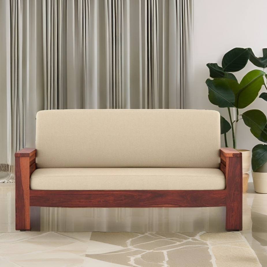 3 Seater Wooden Sofa For Home Furniture Upholstery Fabric Premium Comfortable Sofa Durable Design For Living Room - Cream