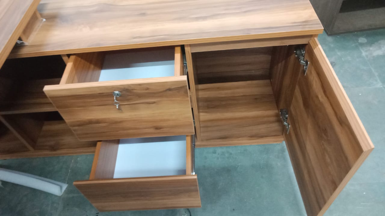 Luxury Director and Executive L Shape Office Table Made Particle Board with  Wire Manger Side Unite and Multi Drawers CPC Space  - Brown Color