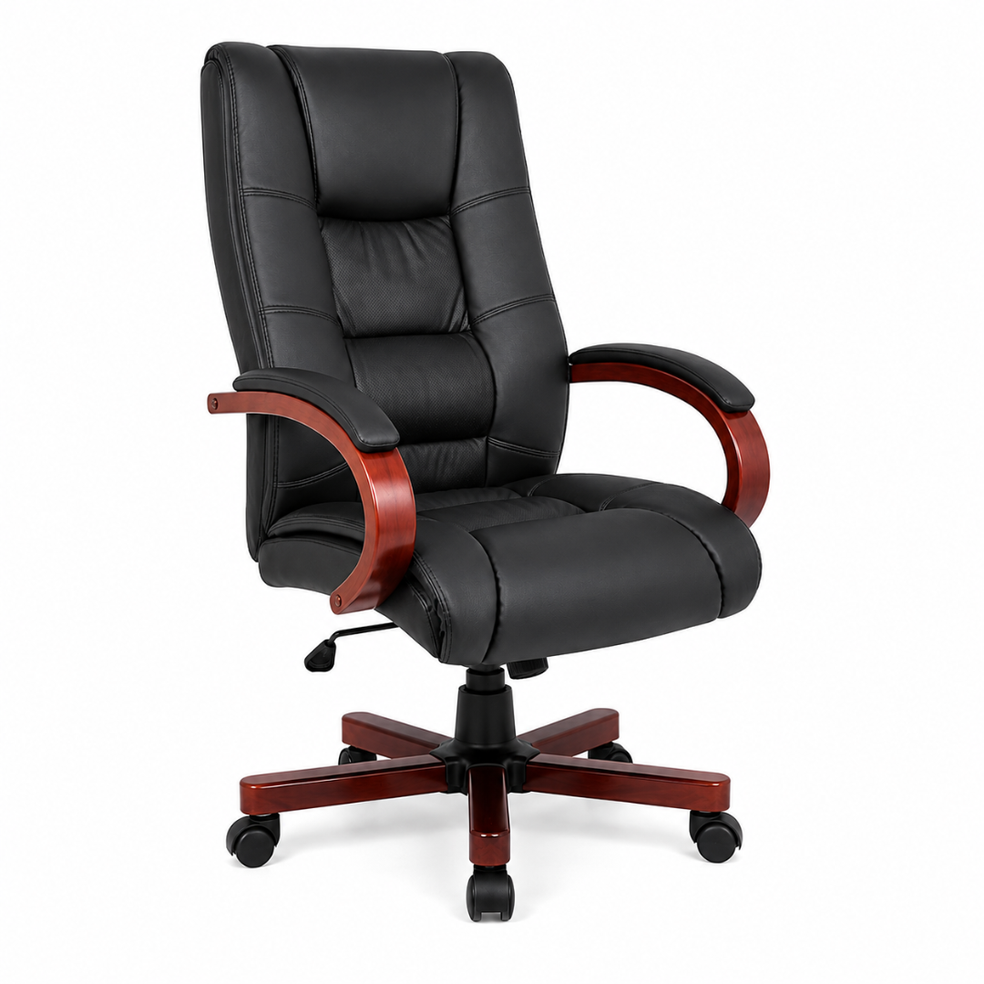 Stylish Leatherette Director and Boss Office Chair with Wooden Handle and Base