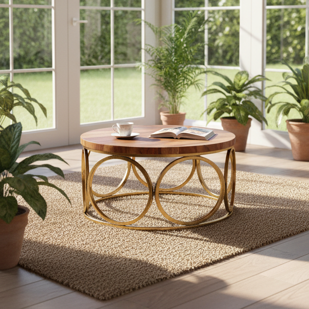 लकड़ी के टॉप और सुनहरे धातु के फ्रेम में गोल आकार की साइड टेबल