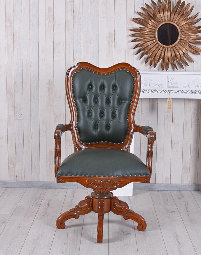 Office Director Chair Tufted Design Made in Solid wood with Leatherette and Soft Padded - Armrest and without Swivel Base and Polish