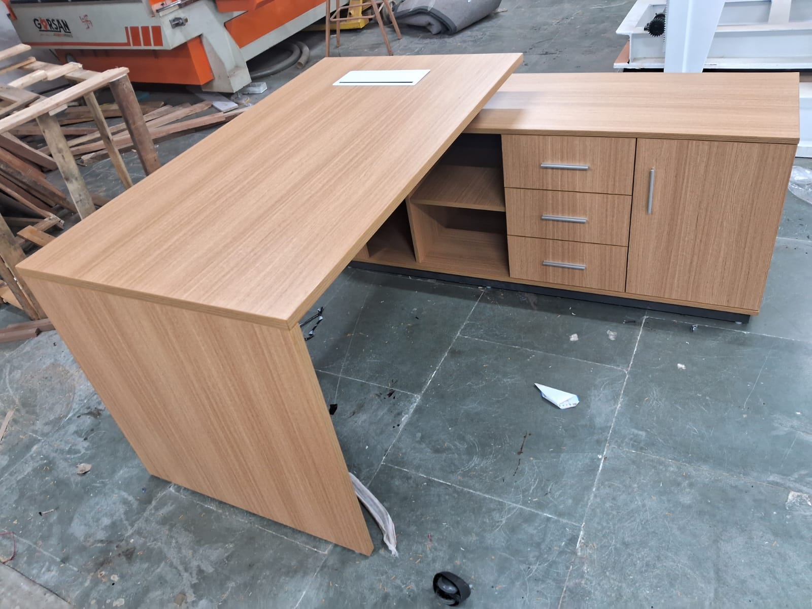 Director and Executive L Shape Office Table Made Particle Board with Side Unite and Multi Drawers and Openable Shutter