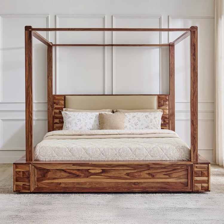 Queen Size Solid Sheesham Wood Poster Bed with Soft Headboard & without Storage