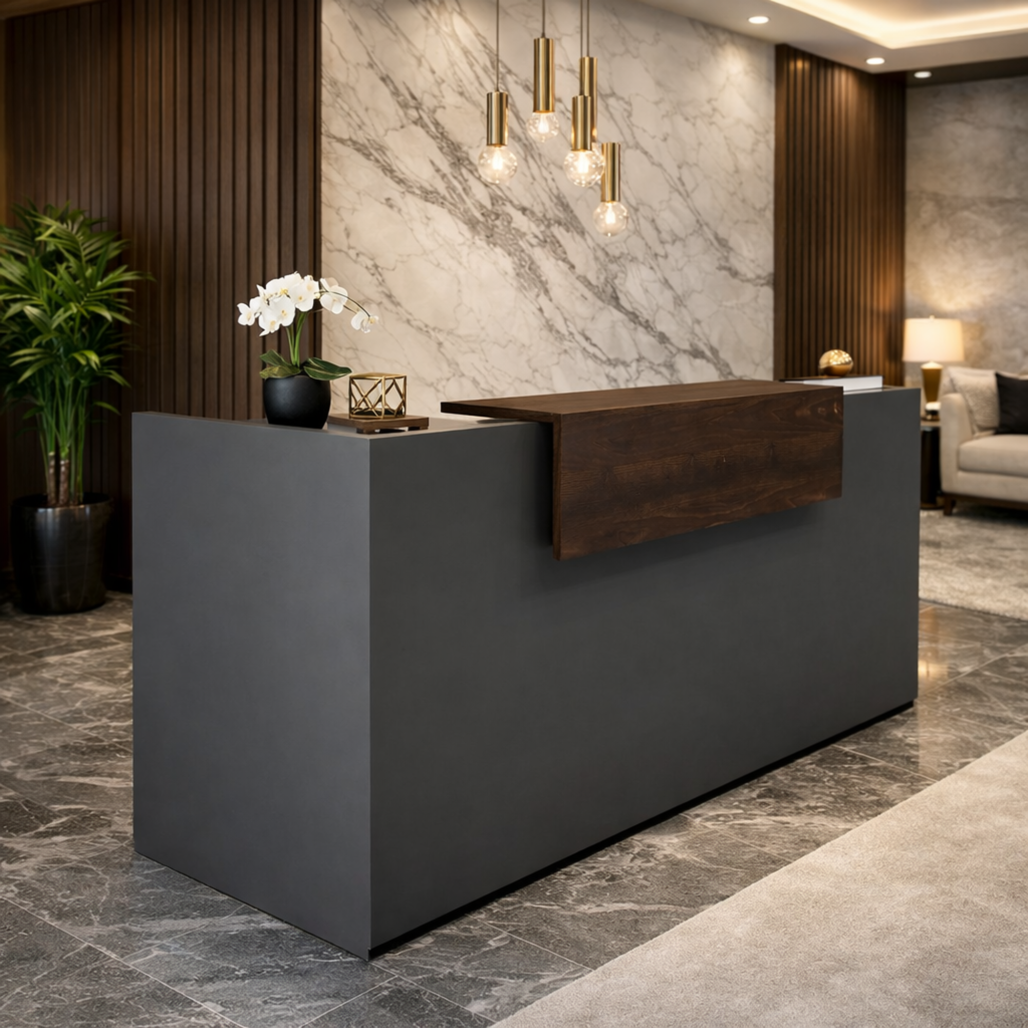 অফিসের জন্য স্টাইলিশ ডিজাইনের রিসেপশন টেবিল, দুটি গোলাকার তারের ম্যানেজার এবং ক্যাশিয়ার কাউন্টার টেবিল সহ পার্টিকেল বোর্ডে তৈরি।