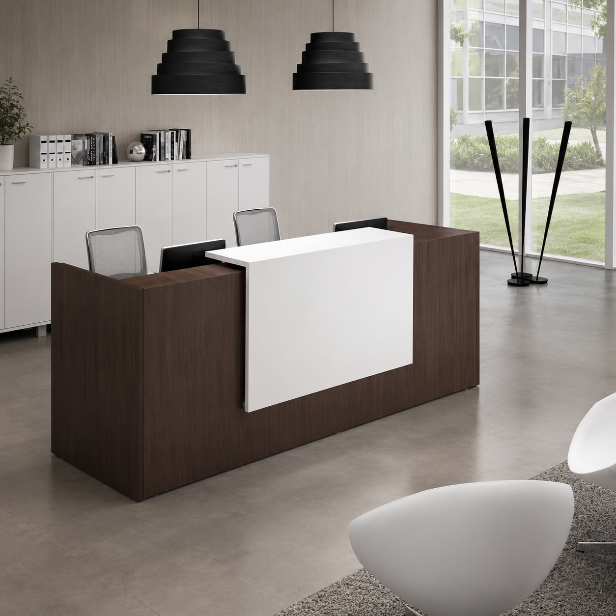 Elegant Reception Counter, with a Refined Silhouette, Featuring Wire Manager And Brass Strip Detailing, Built for Long-Lasting Use in Premium Interiors.