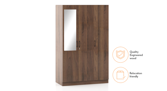 Three‑Door Particle Wood Wardrobe with Central Mirror, Classic Walnut Finish, Built‑in Drawer & Shelves