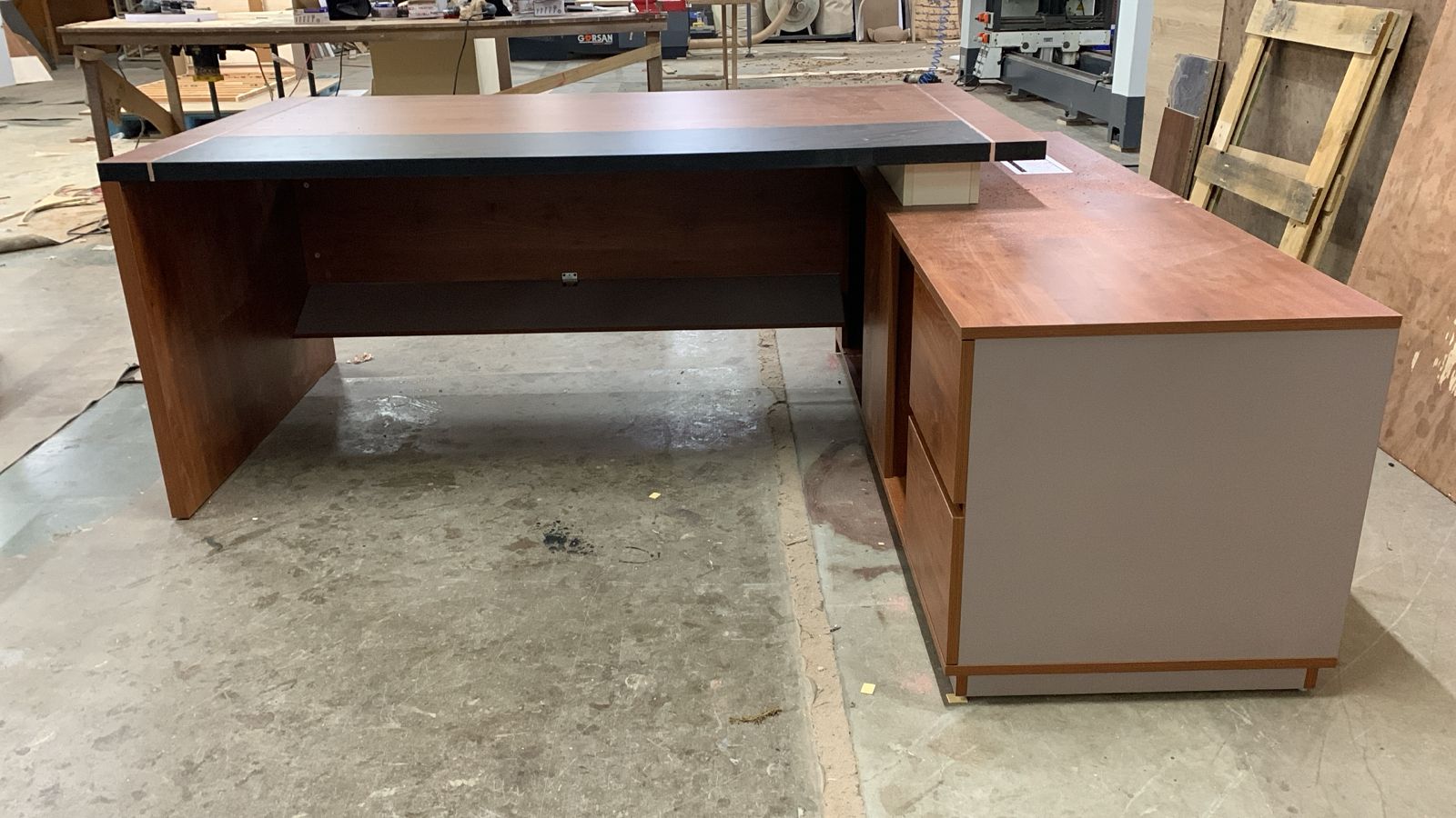Director Office Table Made In Particle Board with Side Unite and Drawers & CPU Space - Teak Walnut Finish