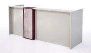 Reception Table Made In Engineered Wood Is Seagull Grey and Canyon Red Having A Fluted Acrylic Backlit Front Panel and Finished In Pear Wood Laminate