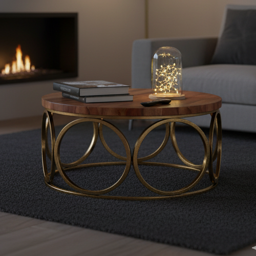 लकड़ी के टॉप और सुनहरे धातु के फ्रेम में गोल आकार की साइड टेबल