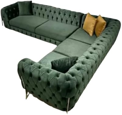 L Shape Sofa For Home Furniture Upholstery Velvet Luxury Comfort Sofa & Durable Design For Living Room -Green