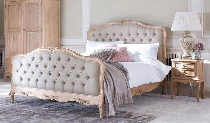 king-size bed with hand-carved Sheesham frame, premium upholstered headboard & footboard.