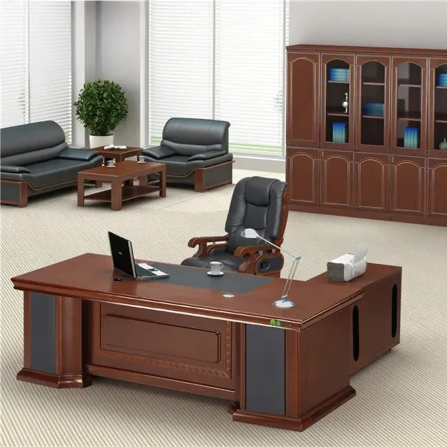 Director Table & Executive L Shape Luxury Office Table Modern Desk with Drawer and CPU Space & Stylish Design - Red Brown