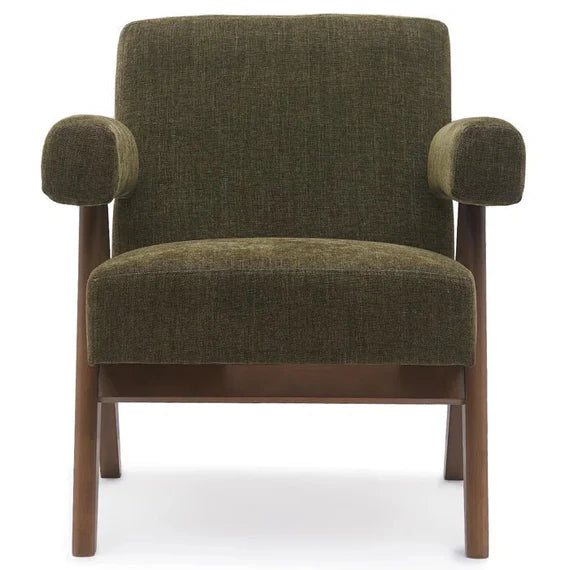 Lounge Chair For Living Room ,Comfortable Seating ,Durable Design Wooden Arm , Upholstery Polyester and Teak Wood Legs With wooden Polish -Dark Green