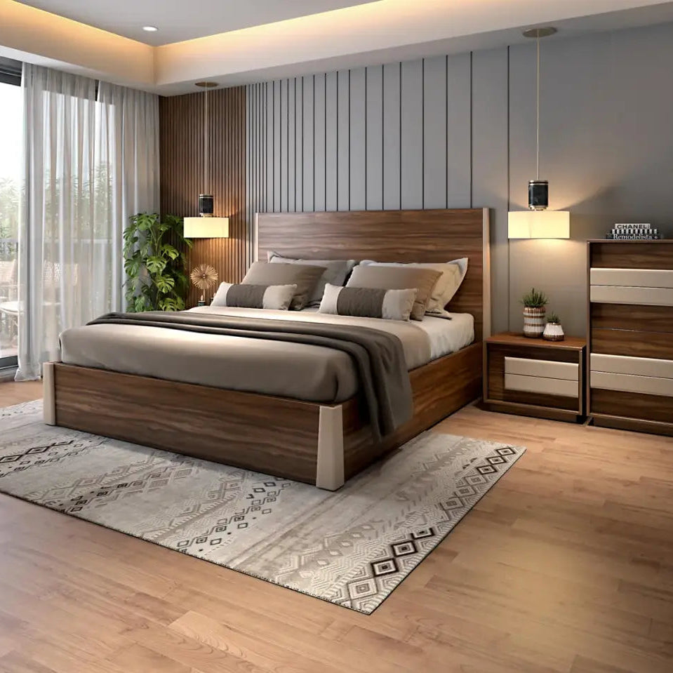 Luxury King Size Made in Plyboard with Curved Edges Dark Walnut Laminate Base & Grand Headboard for Elegant Comfort