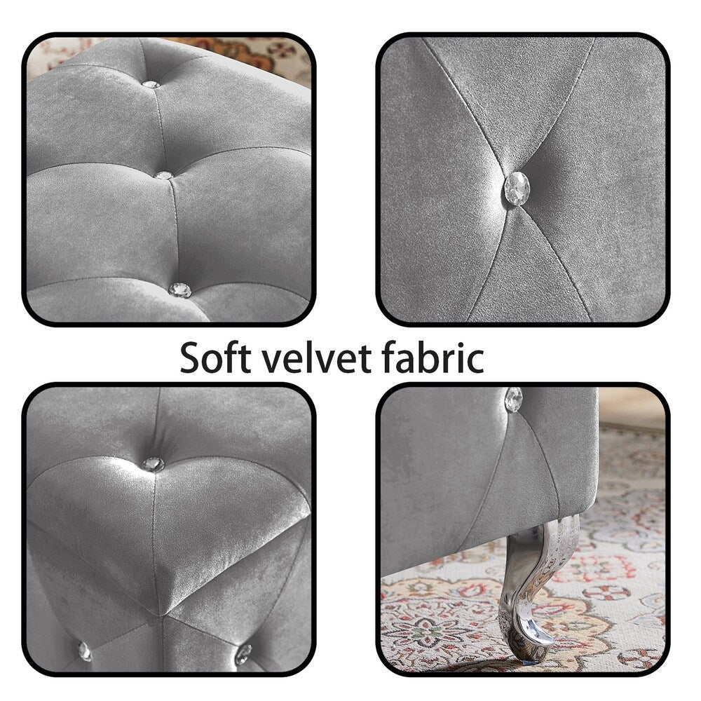 Elegant Grey Velvet Tufted Storage Ottoman Bench with Crystal Button Detailing and Silver Legs - Home Furniture