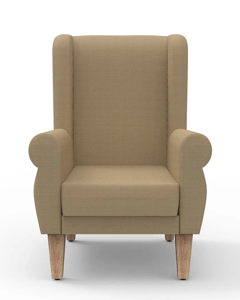 Lounge Chair For Living Room ,Comfortable Seating Modern Design Wing Chair, Upholstery Polyester and Teak Wood Legs With wooden Polish -Beige