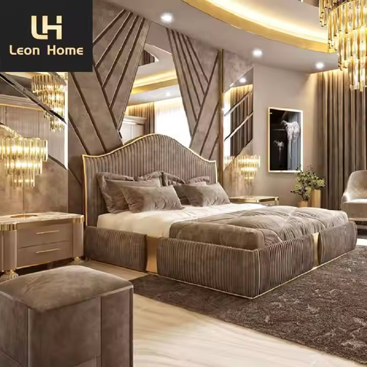 King Size Bed high-headboard with gold frame styling for modern interiors and villas, with optional storage
